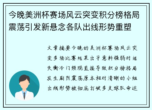 今晚美洲杯赛场风云突变积分榜格局震荡引发新悬念各队出线形势重塑 今晚美洲杯赛场风云突变积分榜格局震荡引发新悬念各队出线形势重塑